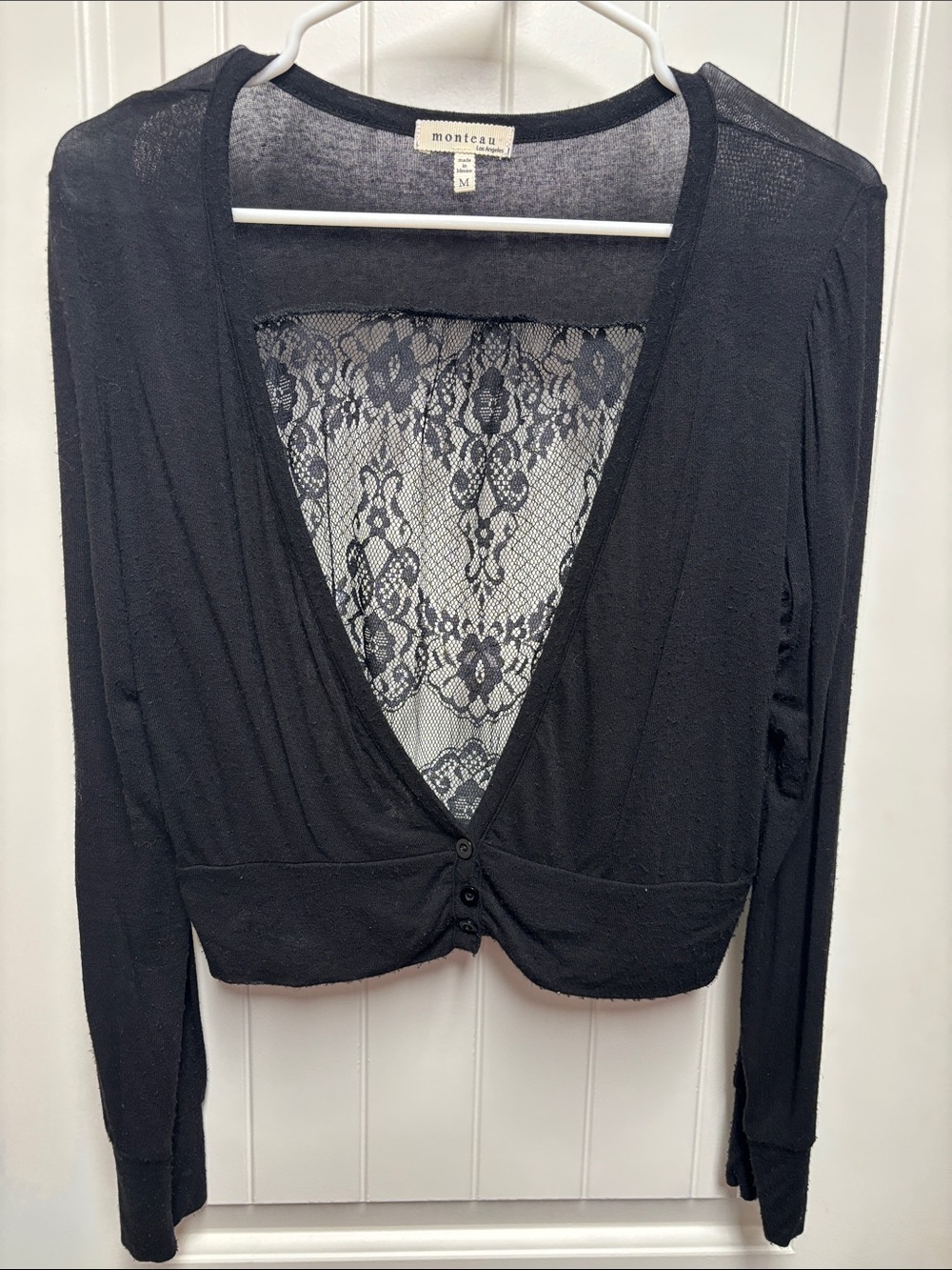 Monteau Black Cropped Lace-Back Cardigan